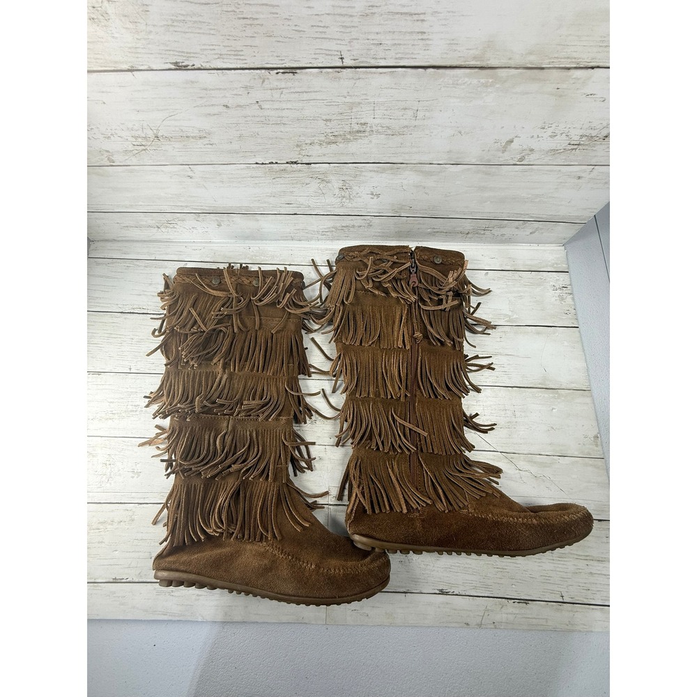 Minnetonka Brown Suede 3-Layer Fringe Moccasin Boots Womens 9 Side Zip 1638